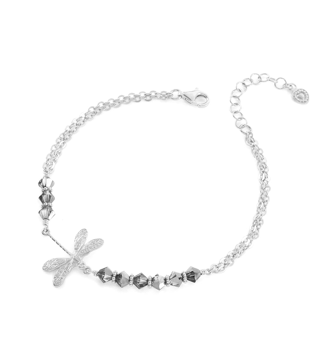 Rhodium plated dragonfly bracelet with Black Diamond crystals Dige Designs