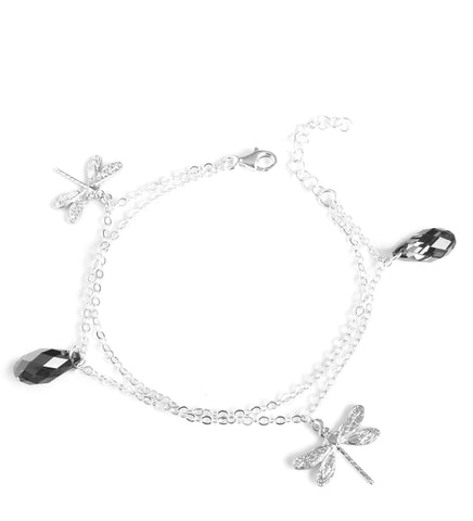 Silver double chain dragonfly bracelet with Black Diamond Austrian drops