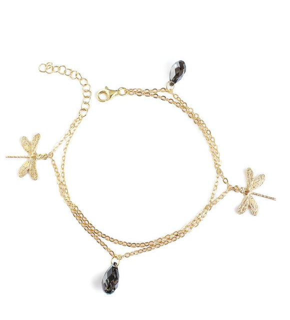 Gold dragonfly bracelet with Black Diamond Austrian crystals 