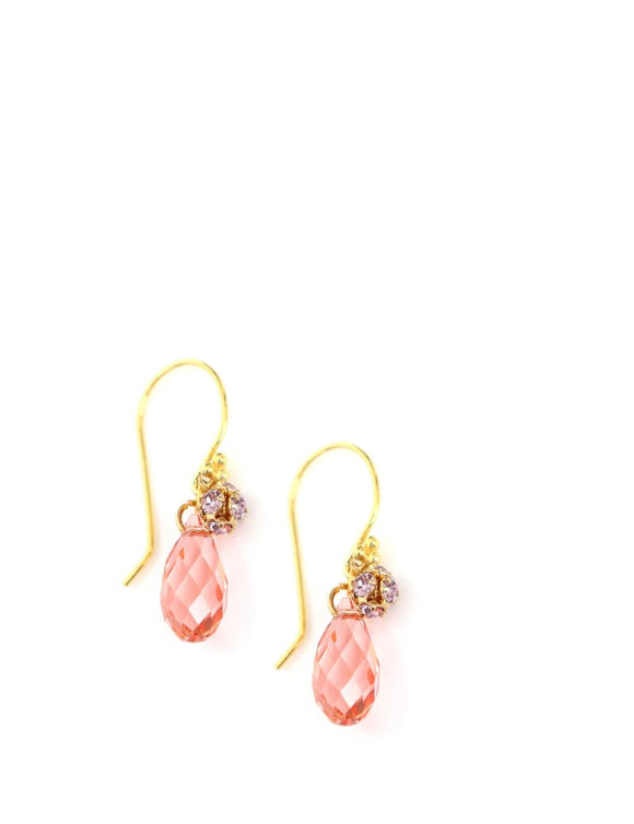 Gold earrings with Rose Peach Austrian crystal drops and balls