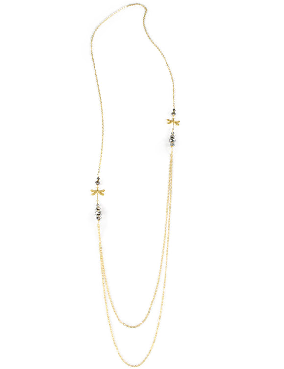 Long gold double chain necklace with Black Diamond Austrian crystals