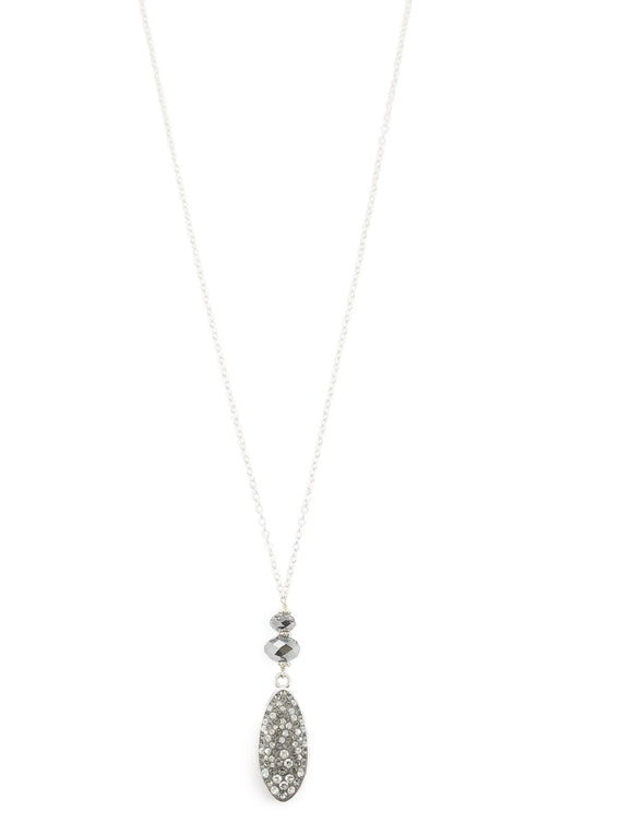 Long silver necklace with Black Diamond Austrian crystals and grey pavé pendant