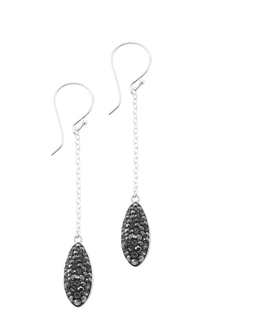 Long silver earrings with Black Diamond Austrian crystal pavé drops