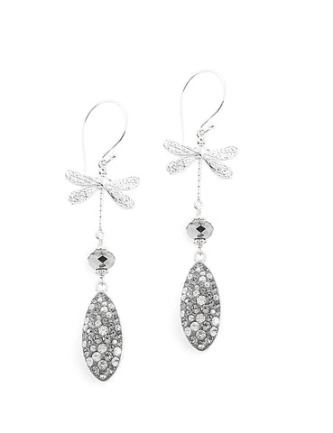 Silver dragonfly and grey Austrian pavé drop earrings