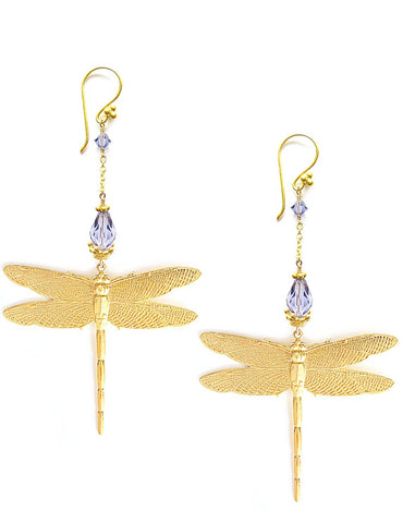 Gold dragonfly earrings with Tanzanite Austrian crystals