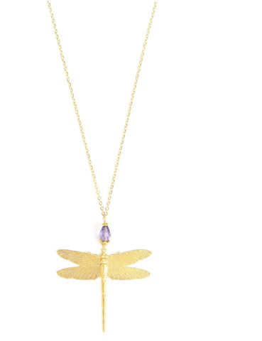 Long gold dragonfly necklace with a Tanzanite Austrian crystal
