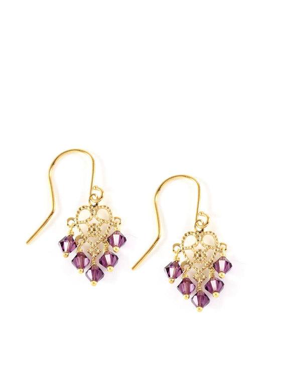 Gold heart filigree earrings with  Austrian amethyst crystals