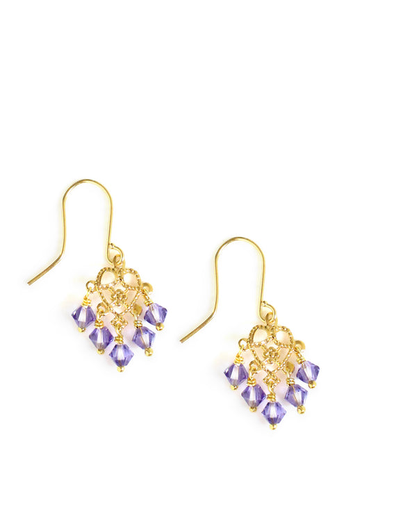 Gold earrings with heart filigrees and Tanzanite Austrian crystals