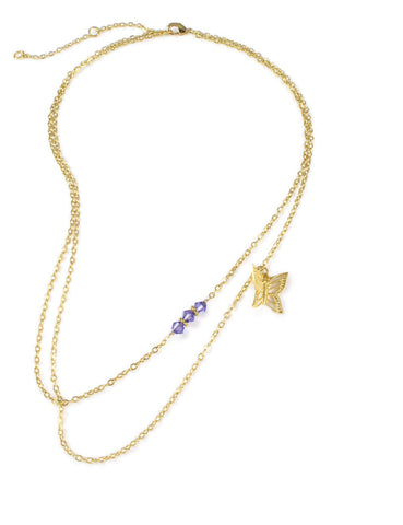 Gold double chain butterfly necklace with Austrian crystals