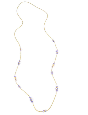 Long gold necklace with freshwater pearls and Austrian Tanzanite crystals