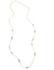 Long gold necklace with freshwater pearls and Austrian Tanzanite crystals