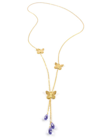 Gold butterfly wrap necklace with Tanzanite Austrian drops
