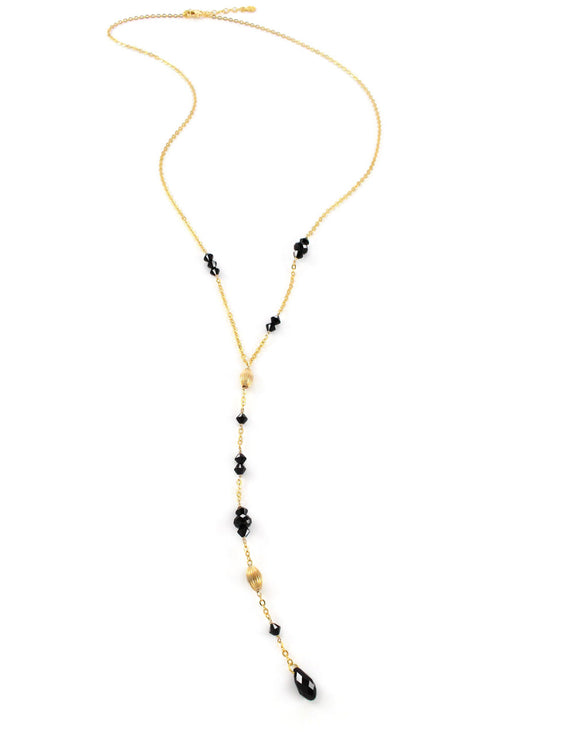 Gold Y necklace with black Austrian crystals