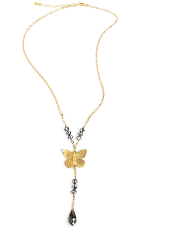 Dige Designs gold butterfly Y necklace with black diamond Swarovski crystals