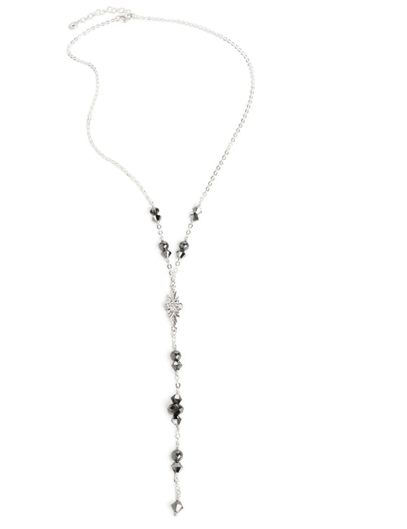 Silver Y necklace with Black Diamond Austrian crystals and grey pearls