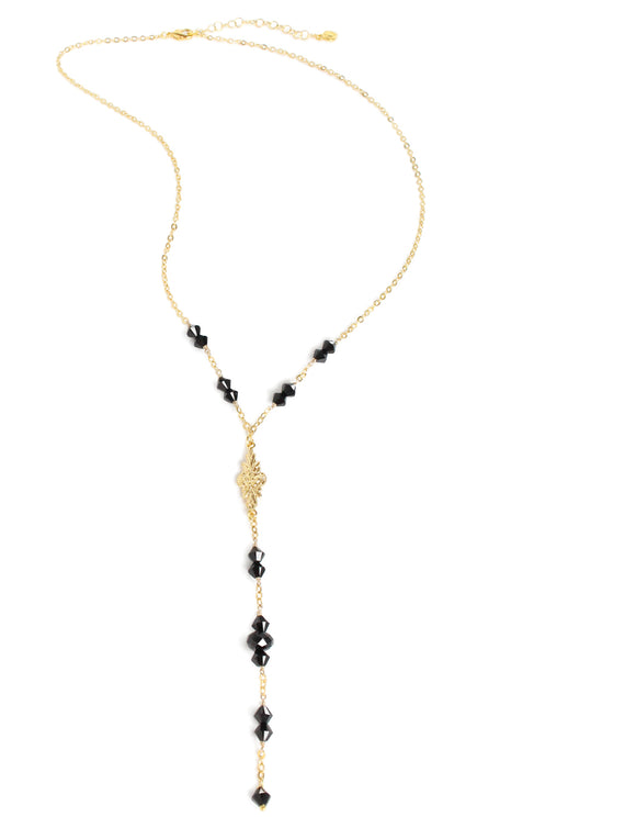 Gold Y necklace with black Austrian crystals