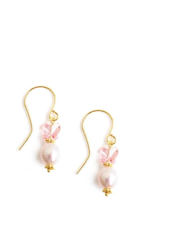 Gold earrings with rose freshwater pearls and Austrian crystal butterflies