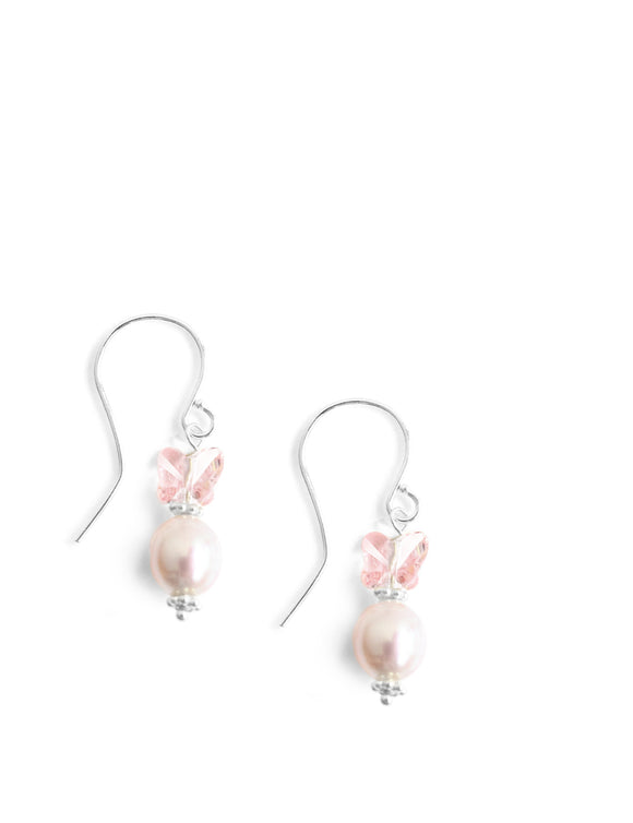 Silver earrings with rose freshwater pearls and pink Austrian crystal butterflies