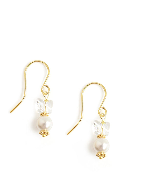 Dige Designs gold earrings with white freshwater pearl and Austrian butterflies