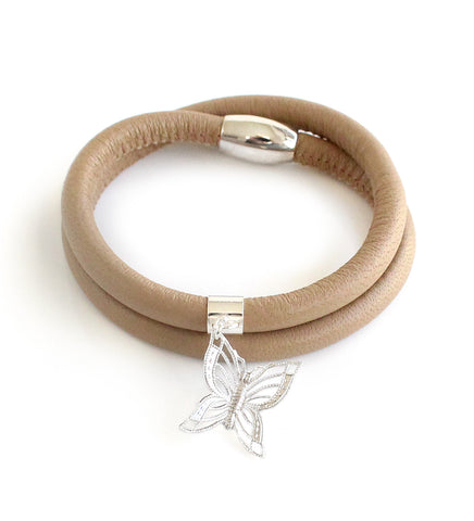 Beige double wrap butterfly leather bracelet