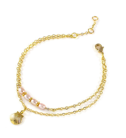 Dige Designs 18K gold plated double chain seashell bracelet decorated with rose freshwater pearls