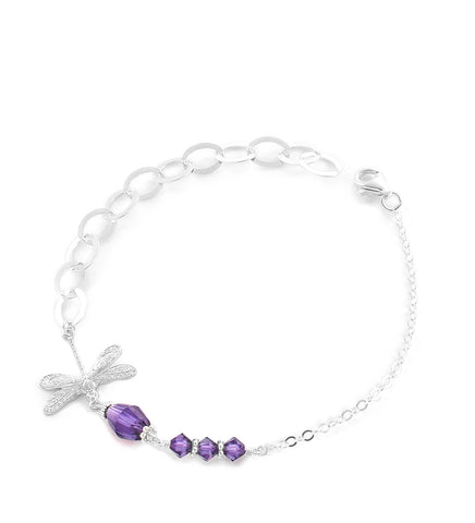 Silver dragonfly bracelet decorated with sparkling Tanzanite Swarovski crystals.