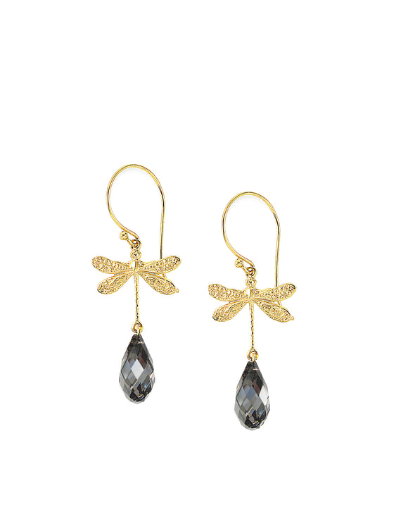 Gold dragonfly earrings with Black Diamond Austrian drops