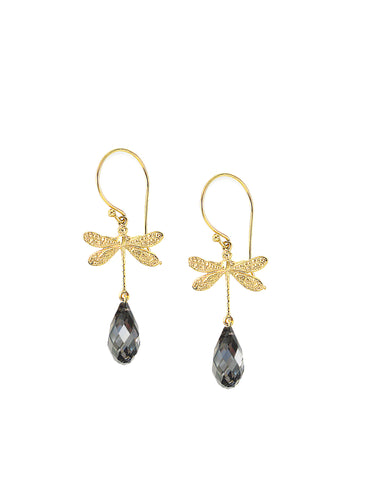Gold dragonfly earrings with Black Diamond Swarovski drops