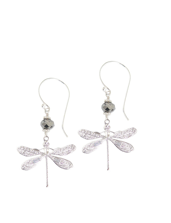 Silver dragonfly earrings with Black Diamond Swarovski crystals