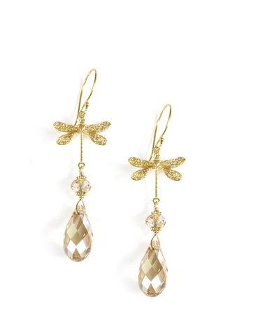 Gold dragonfly earrings with Golden Shadow drops