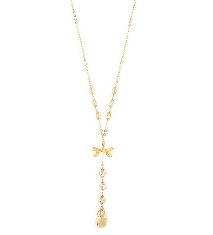 Long 18K goldplated dragonfly necklace with Golden Shadow Swarovski crystals