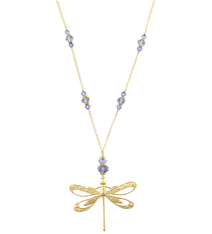 Long 18K gold plated dragonfly necklace with Tanzanite Swarovski crystals