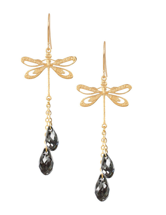 Gold dragonfly and black diamond Swarovski crystal earrings