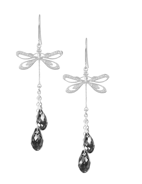 Silver dragonfly and Black Diamond Swarovski crystal earrings