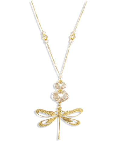 Long 18K gold plated dragonfly necklace with Golden Shadow Swarovski crystals