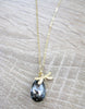 Long gold dragonfly necklace with black diamond Swarovski drop