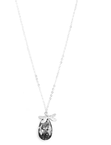 Long silver dragonfly necklace with Black Diamond Austrian drop