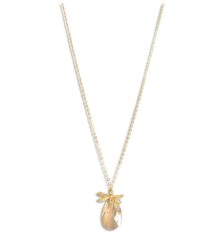Long 18K gold plated dragonfly necklace with a Golden Shadow Swarovski crystal drop