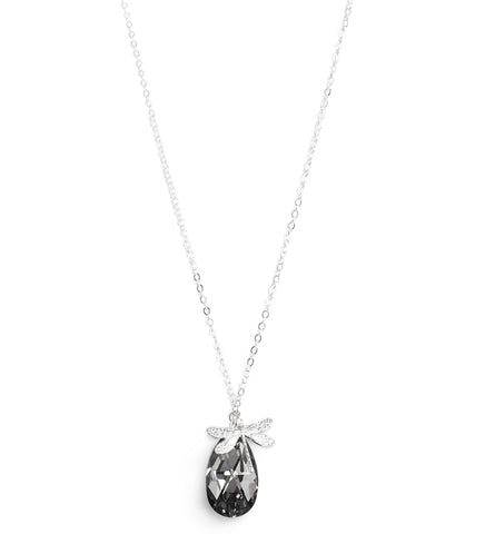 Long silver dragonfly necklace handmade with Black Silver Night Swarovski crystal drop