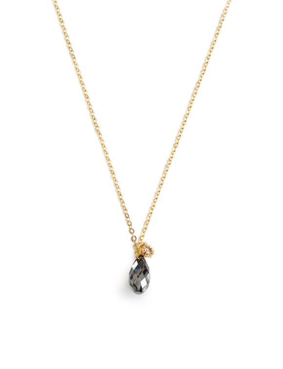 Short 18K gold plated necklace with Black Diamond crystal drop and charm