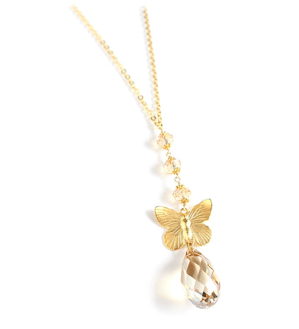 Long 18K gold plated butterfly necklace with Golden Shadow Swarovski crystals 