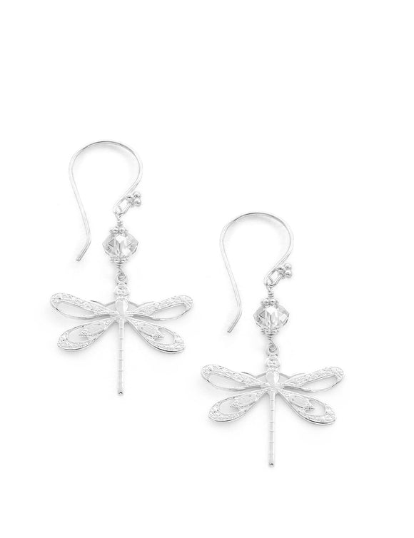 Silver dragonfly earrings with silver shade Swarovski crystals