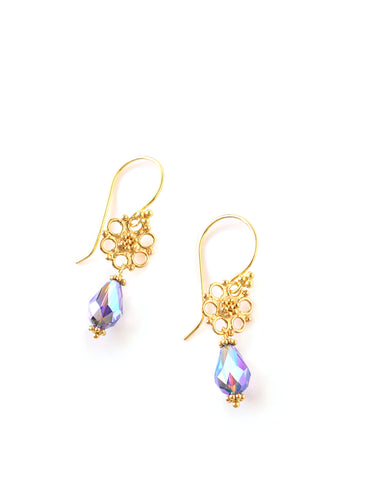 Gold flower earrings wth Tanzanite AB Swarovski drops
