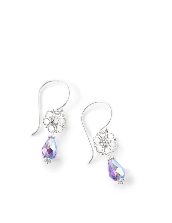Silver flower earrings with Swarovski tanzanite AB drops