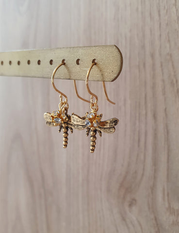 Gold dragonfly earrings with clear Austrian crystal balls