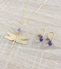 Long dragonfly gold necklace with a Tanzanite Austrian crystal