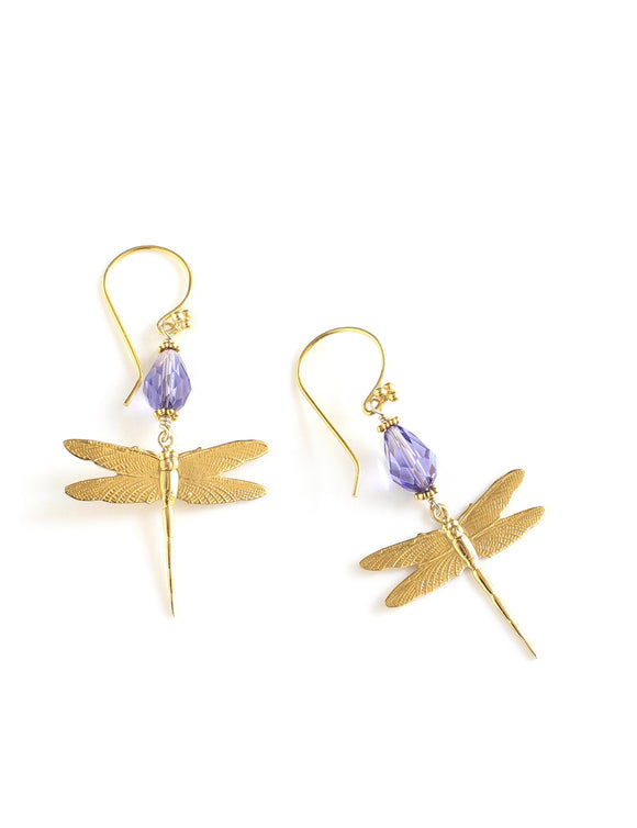 Gold dragonfly earrings with Tanzanite Austrian drops
