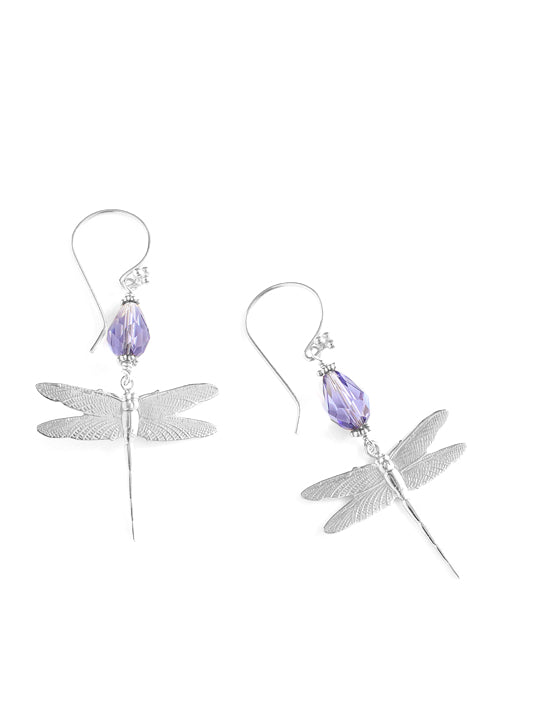 Silver dragonfly earrings with Tanzanite Swarovski drops