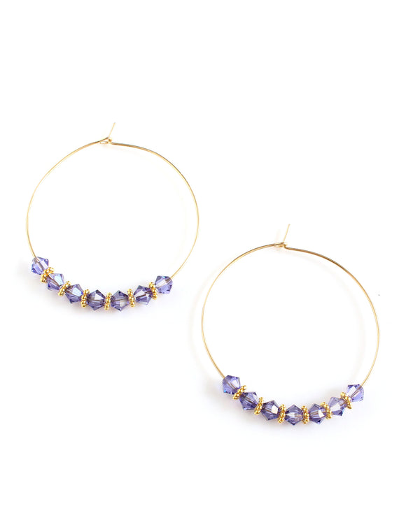 Gold hoop earrings with Tanzanite Austrian crystals