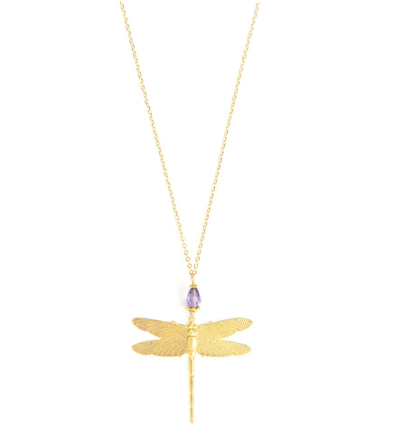 Long 18K gold plated dragonfly necklace with a Tanzanite Swarovski crystal